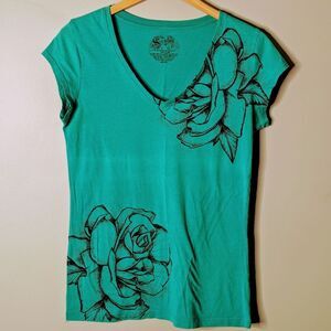 Vintage Stranded Fitted Floral Teal Green Cotton Graphic T-shirt Size M